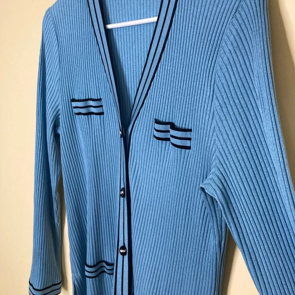 Exclusively Misook Womens M Blue Ribbed Long Cardigan Sweater Acrylic Flawed - Picture 5 of 11